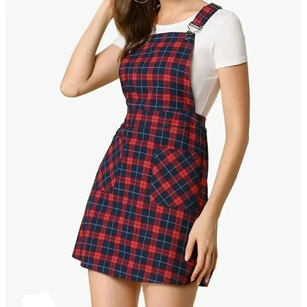 Allegra K Women's Adjustable Strap Above Knee Plaid Printed Overall Dress Suspen